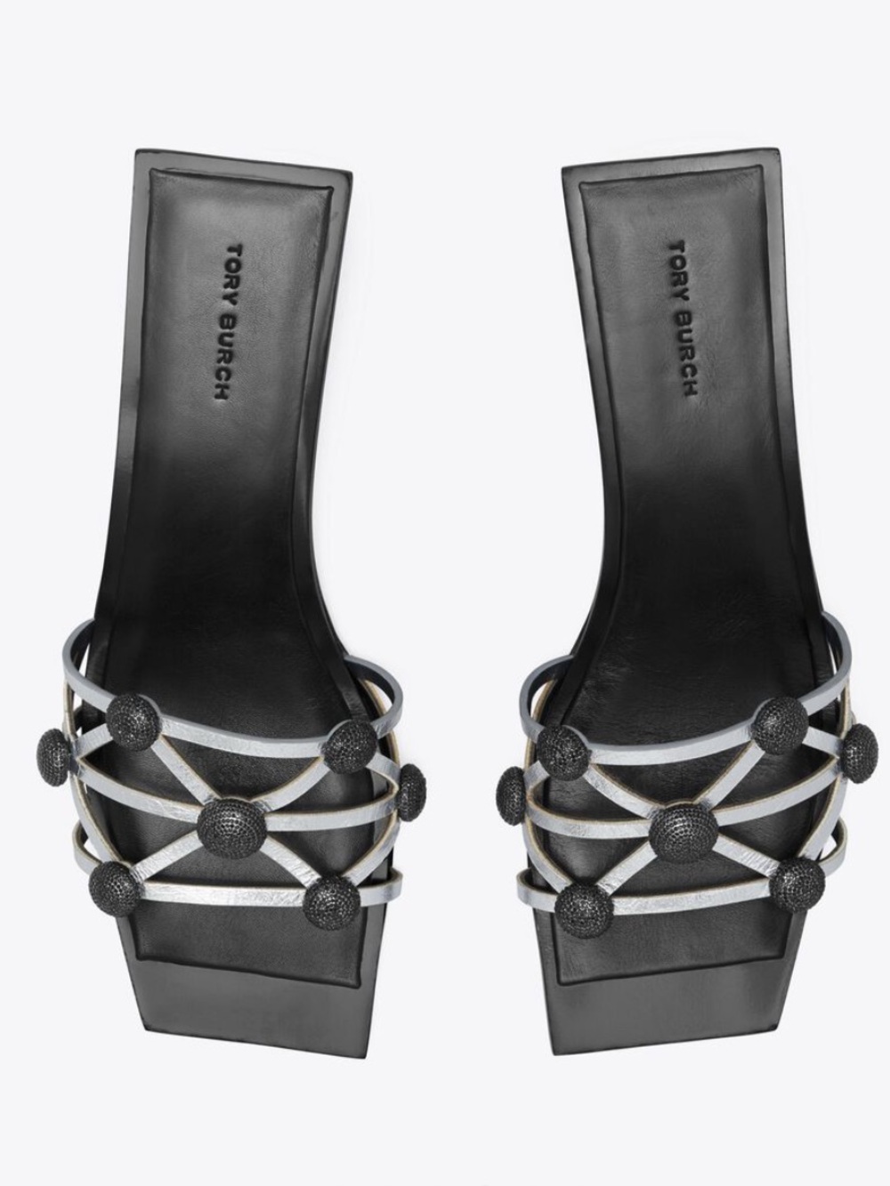 Tory Burch Black Crystal Bobble Silver Metallic Leather Square Toe Low Heels 8.5